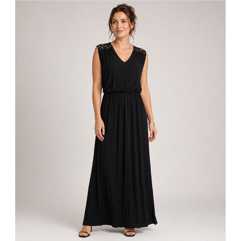 Neiman Marcus Maxi Dress Womens Small Black Viscose Lace Shoulders Elastic Waist